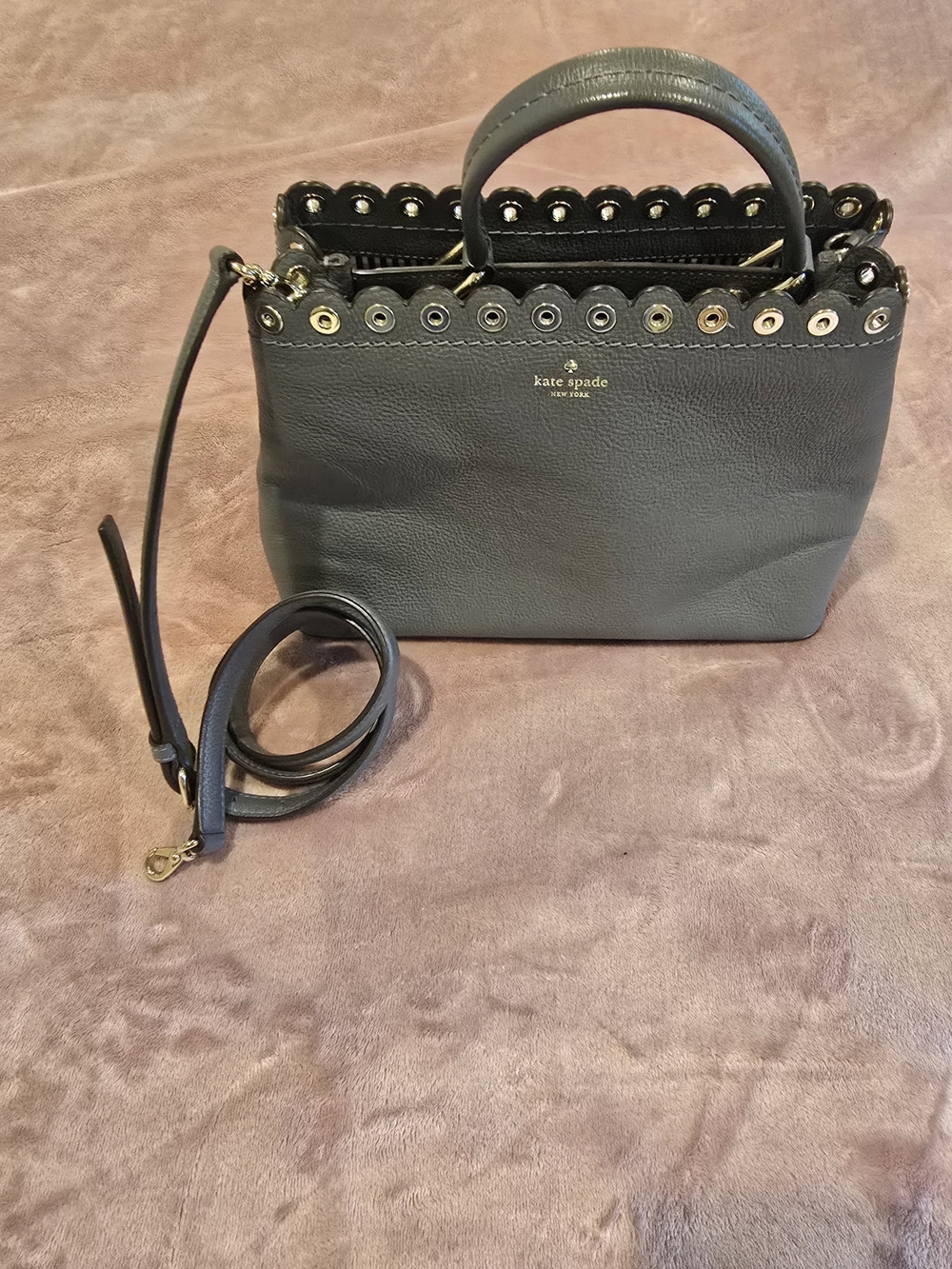 kate spade gray scalloped eyelet leather satchel with gold-tone hardware
